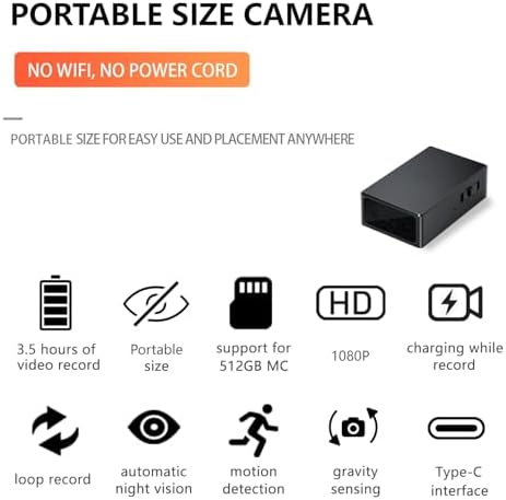 Hidden Camera Spy Camera, Mini Cameras, HD 1080P, Portable Cameras, Indoor Nanny Cam,with Night Vision, Motion Detection, Loop Record, Gravity Sensor, 512GB Max, No-WiFi&APPS