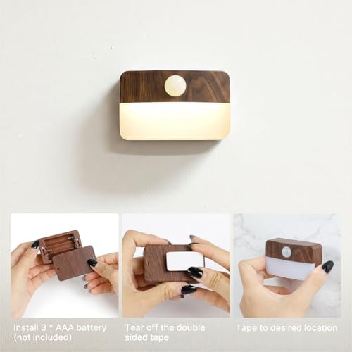 Guankai 8 Pack Motion Sensor Stair Light for Indoor, Battery Operated Closet Lights, Wireless Stick on Anywhere Hallway Lamp, Portable Led Night Lamps for Bedroom Under Cabinet Kitchen, Wood Grain