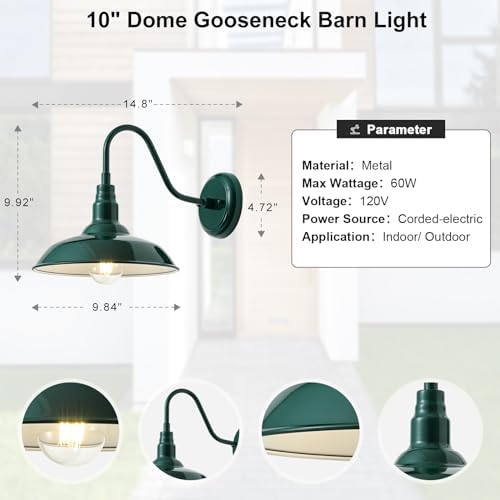 10in Outdoor Gooseneck Barn Light Wall Mount, Green Exterior Farmhouse Porch Lights with White Interior Small Dome Outdoor Patio Gooseneck Wall Sconce Garage Lighting for House, Cabin