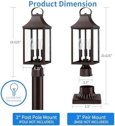 18.62'' Dusk to Dawn Post Light Outdoor, Large 3-Light Lamp Post Light