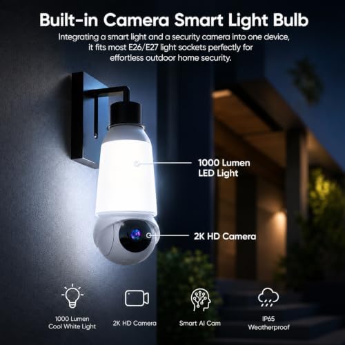 Light Bulb Security Camera, 5G&2.4GHz WiFi Light Bulb Cameras Wireless Outdoor Indoor, 2 in 1 Lightbulb Camera for Home Security, 2K HD Color Night Vision, Smart AI Motion Detection, 911 Emergency