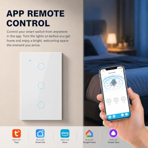 Smart Switch for Light 3 Gang, 2.4GHz Wi-Fi Switch Compatible with Alexa and Google Home,Voice Control, Remote Control, Timer & Schedule UL Certified, No Hub Required