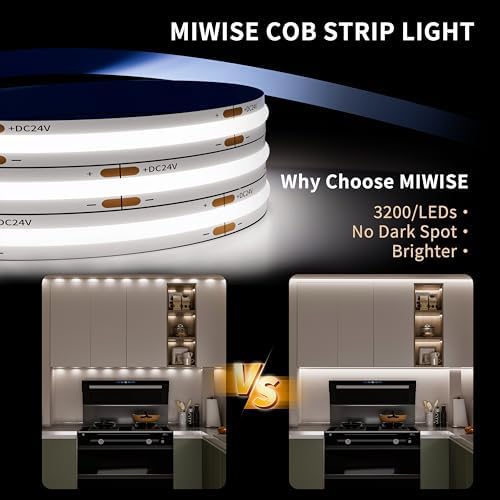 MIWISE COB LED Strip Light 32.8ft/10m,CRI 90+ Daylight White 6000K High Lumen Dimmable Super Bright Flexible DC24V LED Tape Light with Controller/Dimmer,for Cabinet Home Office DIY Lighting Projects