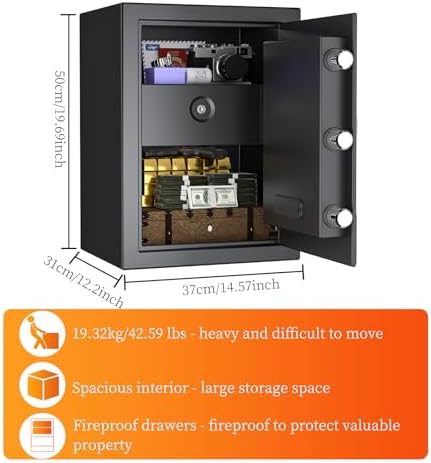 WASJOYE Fireproof Cabinet Safe Box - 2.5 Cubic Feet Home Security Safes with Fireproof Lock Drawer, Smart Cabinet Safe Box Safety Key Lock Type-C Port Alarm System for Home Office Hotel Storage