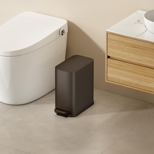 TIPGO Small Bathroom Trash Can with Lid Soft Close,1.3 Gallon, Brown