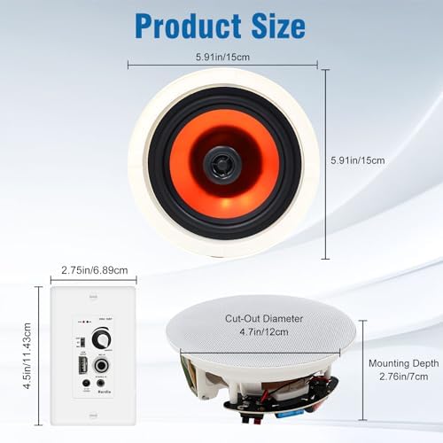 Herdio 4'' Bluetooth Ceiling Speakers 480W 2-Way Flush Mount Speakers System with Wall Amplifier Receiver for Home Theater Office (2 Pairs, Paintable-Grille)