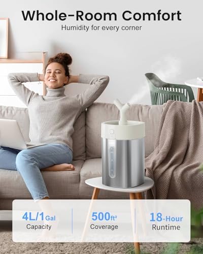 Feekaa Stainless Steel Humidifier, Easy Clean Dishwasher Safe, 4L/1Gal Cool Mist Humidifiers for Bedroom, Humidifiers for Baby, Humidifier Large Room for Nursery, Plant, Office, Living Room, White