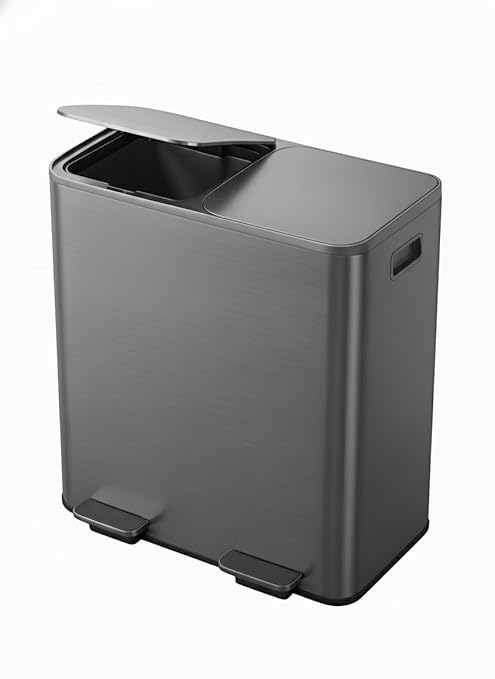 Garvee Double Trash Can, 2 x 10.6 gal (2 x 40 L) Garbage Can for Kitchen Dual Compartment Recycling Kitchen Step Trash Bin, Stainless Steel Trash and Recycle Bin Combo with Soft-Close Lid,Matte Grey