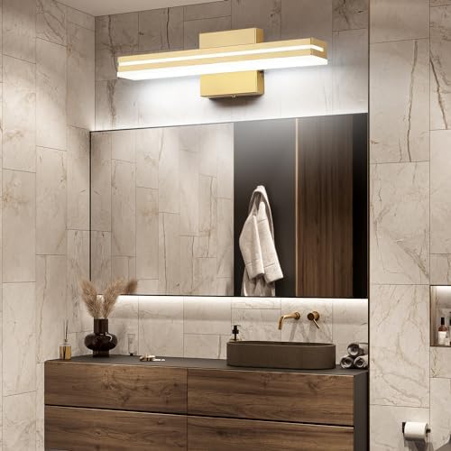 SineRise LED Modern Bathroom Vanity Light Fixtures (16-Inch, 3000K/4000K/6000K, Dimmable), Gold Modern Acrylic Bathroom Wall Lighting Fixtures Over Mirror