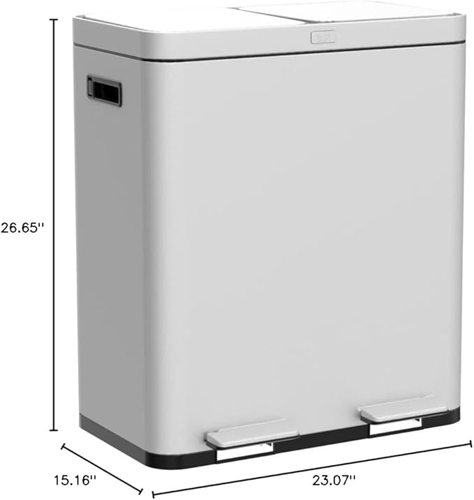 Home Zone Living 16 Gallon Kitchen Trash Can with Dual Compartments for Recycling, CleanAura Odor Control, Stainless Steel, Silver, 60 Liters Total