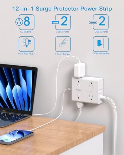 One Beat Surge Protector Power Strip, 6 Ft Ultra Thin Flat Extension Cord