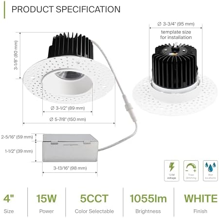 ASD 4 Inch Trimless LED Recessed Ceiling Light Fixture, Mud-in Canless Downlight with Junction Box, 5CCT 2700K-5000K, 15W 1055 Lumens, CRI90+, Anti-Glare, Dimmable, IC & Wet Rated, ETL, 8 Pack