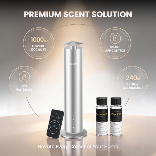 Waterless Essential Oil Diffuser for Large Room up to 1000 Sq Ft - Smart Hotel Scent Diffuser for Home with App, Remote & Timer, Whisper-Quiet Aluminum, Includes 2 x 120ml Oils
