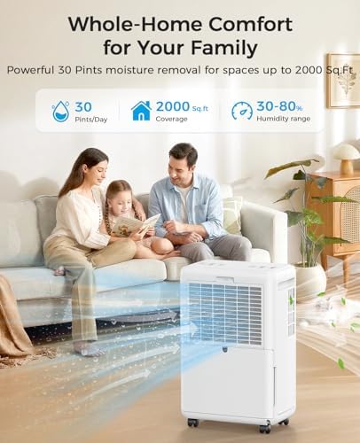 Trazico 30 Pint Dehumidifier for Basement with Drain Hose Up to 2000 Sq.ft