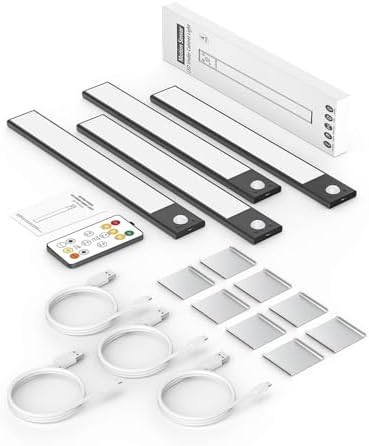 12" Under Cabinet Lighting Wireless, Remote, Motion Sensor, 4Pack, Black
