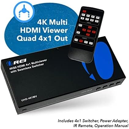 OREI 4K Multi HDMI Viewer Quad 4 in 1 Out, Switcher 4 Ports Seamless IR Remote Support 4K @ 60Hz 1080P for PS4/PC/DVD/Security Camera, HDMI Switch Optical Audio L/R Output - UHD-401MV