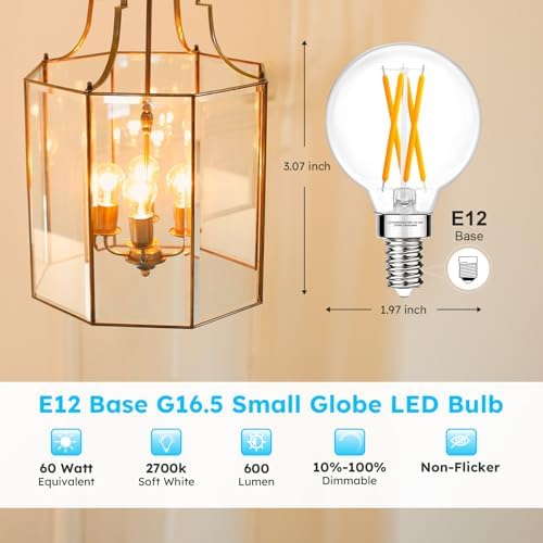 E12 G16.5 Globe LED Bulb, 2700K Warm White, 60W Equivalent, Dimmable