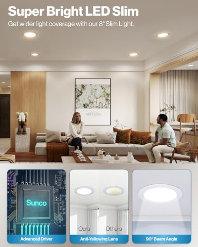 Sunco 6 Pack 8 Inch Ultra-Slim Canless LED Recessed Lights, 5CCT, 18W