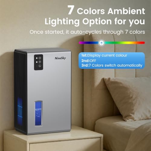 NineSky Dehumidifiers for Home, 1000 Sq.Ft Dehumidifier with 95oz Water Tank, Quiet Dehumidifier for Basement Bathroom Bedroom with 7-Color Ambient Light & Auto Shut Off, Sliver