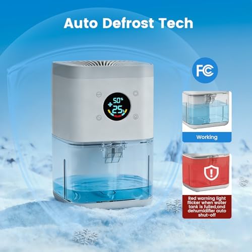 Small Dehumidifier for Bedroom – 63oz 35dB Quiet Auto Dehumidify (60/70%) & Continuous Mode for Bathroom Closet RV, Auto Defrost & Auto Shut-Off, 7-Color Flowing Night Light & Timer, Portable – White