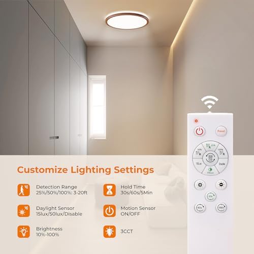 Matane Motion Sensor LED Ceiling Light with Remote, 12 Inch Wired Flush Mount Light 3000K 4000K 5000K, 2400LM Dimmable Motion Sensor Light Indoor for Closet Hallway Laundry Stairs Walnut