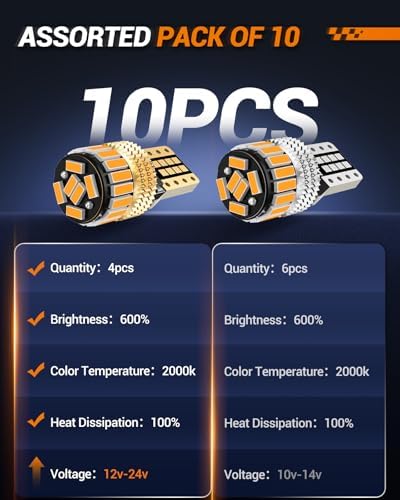 SEALIGHT 194 LED Bulb 2000K Amber 168 T10 2825 W5W 600% Brightness Wedge Interior Car Bulbs Replacement for License Plate Lights Dome Map Door Courtesy Trunk Parking, 10 PCS