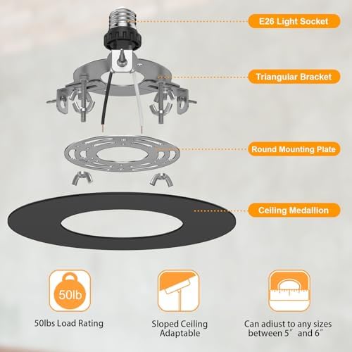 5 and 6 inch Recessed Can Light Conversion Kit, Ceiling Light Fixture Upgrade, Pendant & Hanging, 7¾ Inch Flat Steel Ceiling Medallion, Black Finish 2 Packs