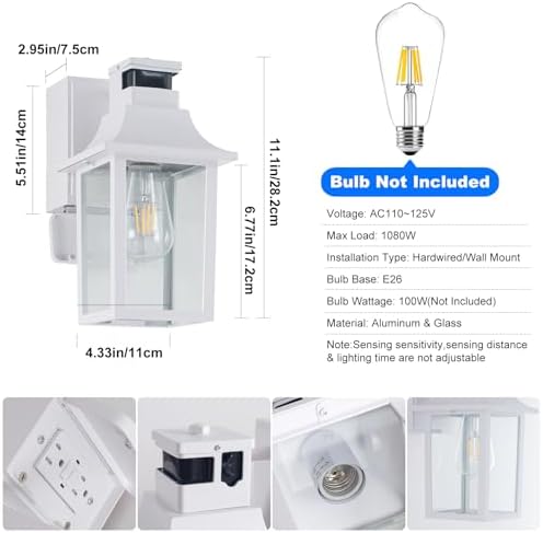 White Porch Light with GFCI Outlet & Motion Sensor,Dusk to Dawn Porch Light