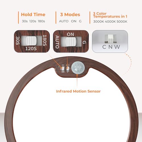 BLNAN Motion Sensor Ceiling Light Wired, 8.7 Inch 3000K 4000K 5000K Selectable LED Flush Mount Light Fixture, Motion Activated Light with Timer for Hallway Stair Walk-in Closet, Non-Dimmable - Walnut