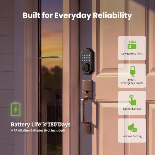 GHome Smart Fingerprint Door Lock for Front Door, Keyless Entry Deadbolt with Keypad, App Control, Auto Lock, Easy Install Digital Smart Lock for Family Homes, Garage Entry & Apartments
