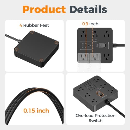 TESSAN Surge Protector Power Strip, 15Ft Flat Plug Extension Cord, Black