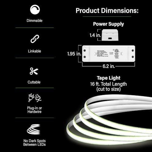Feit Electric 16 ft LED COB Tape Light, 2950 Lumens Total, 3000K Bright White, Dimmable with Included Remote, Plug-in or Direct Wire Installation, Ultrathin Continuous Strip Lighting, TAPE192/COB/LED