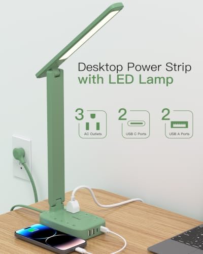 LED Desk Lamp Power Strip with 4 USB 3 Outlets, Dorm Room Essentials, Green