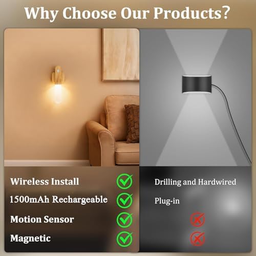 iThird Motion Sensor Light Indoor - Wireless Wall Light, lumi Light, Magnet Rechargeable Wall Sconces, Portable Night Lights, LED Lights for Closet, Bathroom (Beech 3PCS)