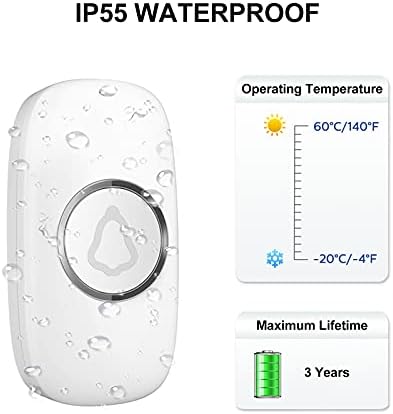 SECRUI Wireless Doorbell, Mini Door Bell with 58 Chimes 5 Volume Levels, 1 Waterproof Button 2 Plug in Receiver, White Doorbell with Led Blue light for Home/Classroom/Office