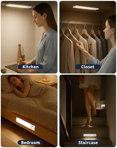 Under Cabinet Lighting, 12 Inch Motion Sensor Light Indoor, 1800mAh USB Rechargeable Closet Light, 3 Color Temperature Operable LED Lights, Can Be Used for Wardrobes, Cabinets, Stairs (3 Pack)