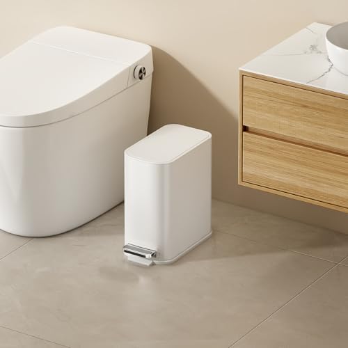 TIPGO Small Bathroom Trash Can with Lid Soft Close,1.3 Gallon, White