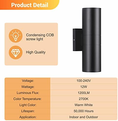 DAKAFUL Outdoor Wall Lights 12Packs, Integrated LED Cylinder Up Down Lights, 12W 2700K Aluminum Exterior Wall Light, Outdoor Light Fixture for Porch Patio Door
