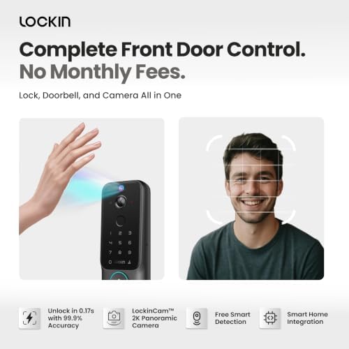 Lockin Veno Plus - All-in-One Smart Lock - Palm Vein & Fingerprint Keyless Entry - 2K 180° Ultra-Wide Camera, Night Vision, Built-in WiFi & 8GB Storage - No Monthly Fee - Dual Batteries