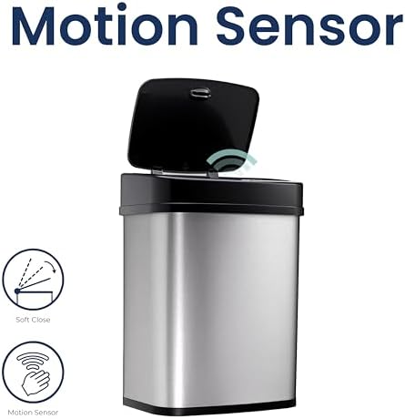 Ninestars 3 Gallon Automatic Trash Can, 12L Touchless Motion Sensor Bathroom or Bedroom Garbage Can with Odor-Sealing Lid, Rectangular Stainless Steel Base, Black Lid