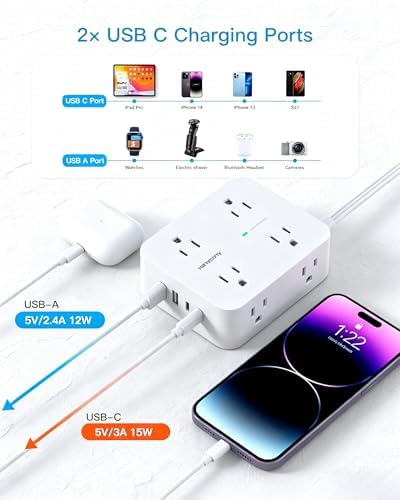 25 Ft Extra Long Extension Cord, 1080J Surge Protector Power Strip HANYCONY