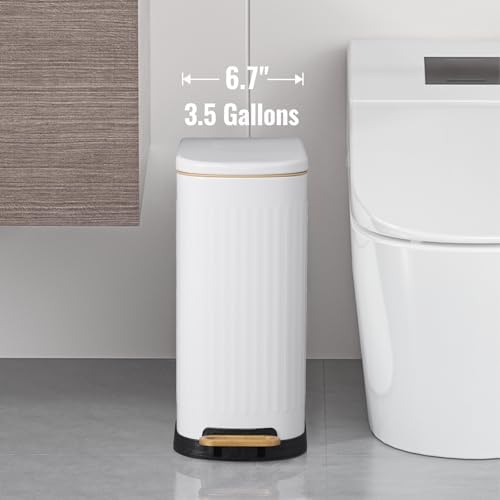SYNCVIBE Slim Bathroom Trash Can with Soft Close Lid, 3.5 Gal, Matt White