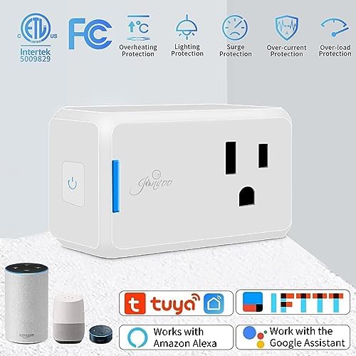 Jinvoo WiFi smart Plug, 10A 1000W Wireless Mini Socket, Timer Remote Control by app and Voice Compatible with Tuya Smart Life app Alexa and Google,no Hub Required, ETL Listed FCC Certified 4 Pack