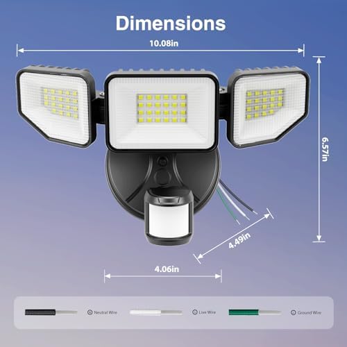65W Motion Sensor Outdoor Lights, 6500LM Hardwired Floodlight, IP65