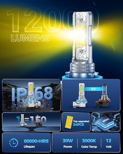 Marsauto H16 H11 H8 LED Fog Light Bulb Yellow, 12,000LM 3500K Amber Yellow