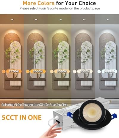 Adetu 2 Inch Black Gimbal LED Recessed Light, 5CCT, 5W=50W, 550LM, 4 Pack
