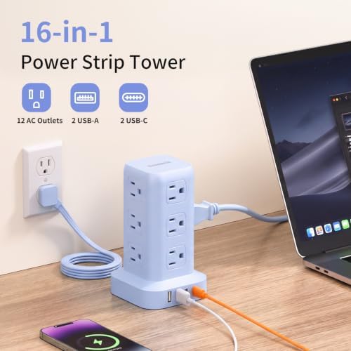 Extension Cord with Multiple Outlets, SMALLRT Power Strip Tower, Outlet Extender with 12 AC Outlets 4 USB, 6.5FT Extension Cord for Home Dorm Room, Office Supplies, Blue