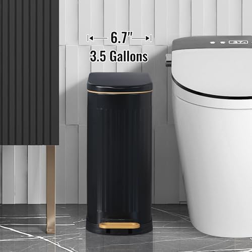 SYNCVIBE Slim Bathroom Trash Can with Lid Stainless Steel Garbage Can Soft Close Step Trash Bin with Removable Inner Bucket for Bedroom, Office, Kitchen (Matt Black, 3.5 Gallons)