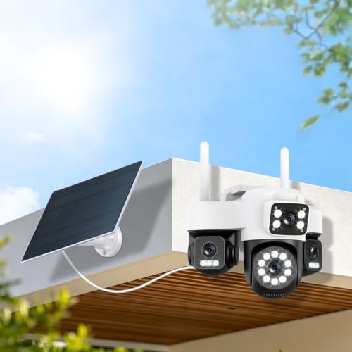 4K 12MP Solar Security Cameras Wireless Outdoor, Four Lens & 360° PTZ Linkage Camera with Solar Panel, 24/7 AOV Recording, Auto Motion Tracking, Color Night Vision, 2.4G/5G WiFi, IP66 Waterproof