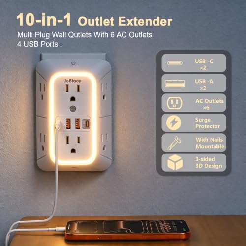 Multi Plug Outlet Surge Protector, 6 Outlet Extender and 4 USB with PD30W USB-C Fast Charging, 3-Sided 1050J Surge Protector Power Strip with Night Light for Home Travel Office-ETL